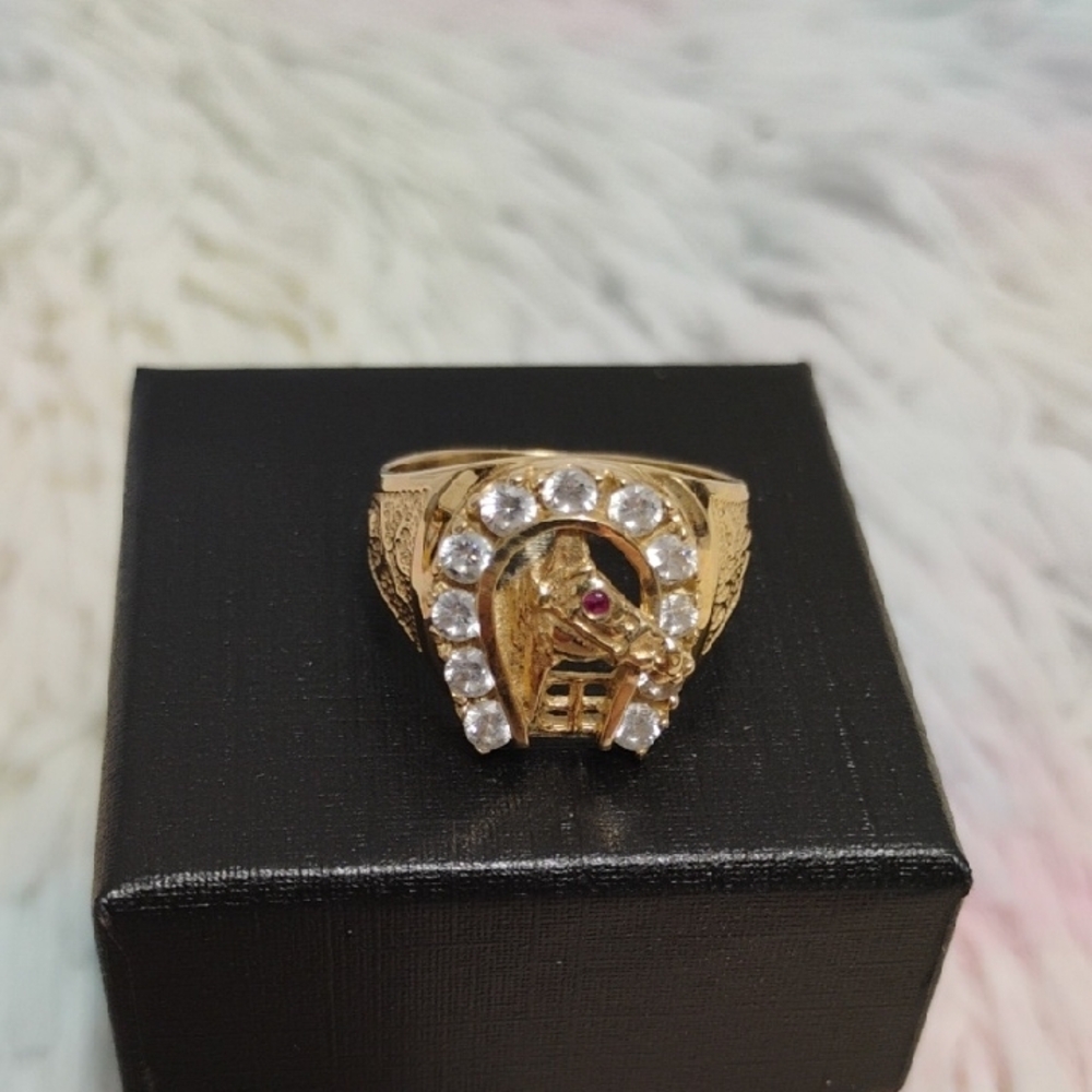 SALE! RARE! 40's 14kt Elegant Gold Horse Shoe Ring 11 Diamonds & 1 Ruby Eye - Picture 6 of 12